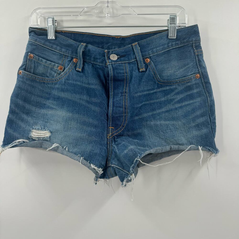 Levis 501 high rise button fly distressed shorts